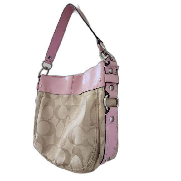 COACH Zoe Hobo Bag Khaki Pink Signature Canvas Leather Y2K - Picture 3 of 10